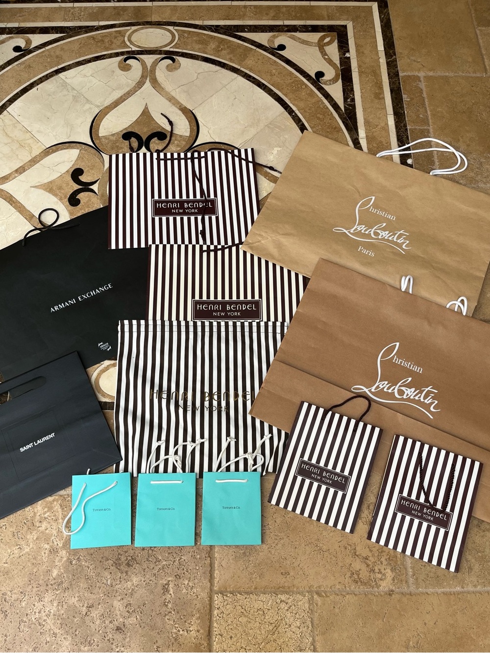 Christian Louboutin Brown and White Striped & Tan Designer Shopping Bags